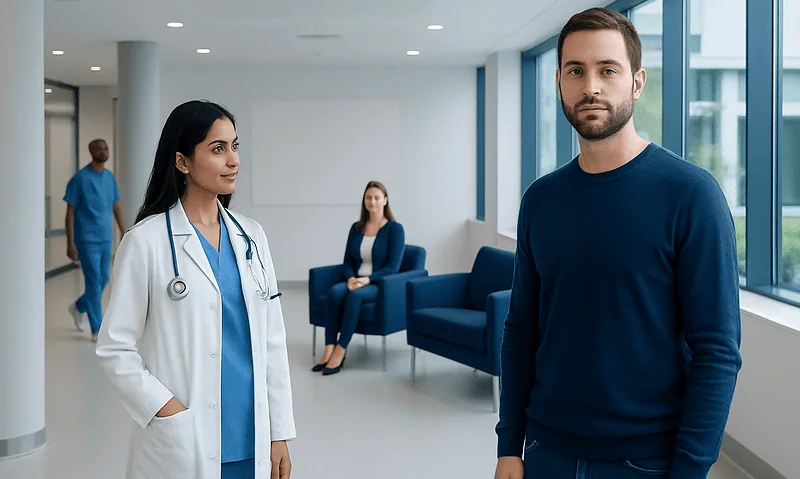 Medical consultation in a modern hospital with a doctor and patient.