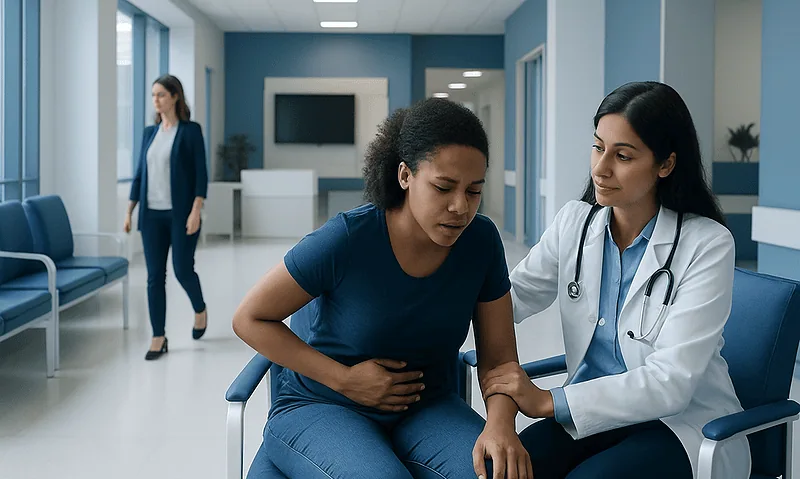 Medical professional examines patient with stomach pain in hospital corridor.