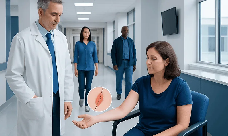 Doctor examining patient's skin in hospital corridor.