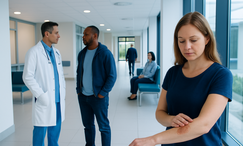 Patient with skin condition in hospital corridor, doctor consulting.