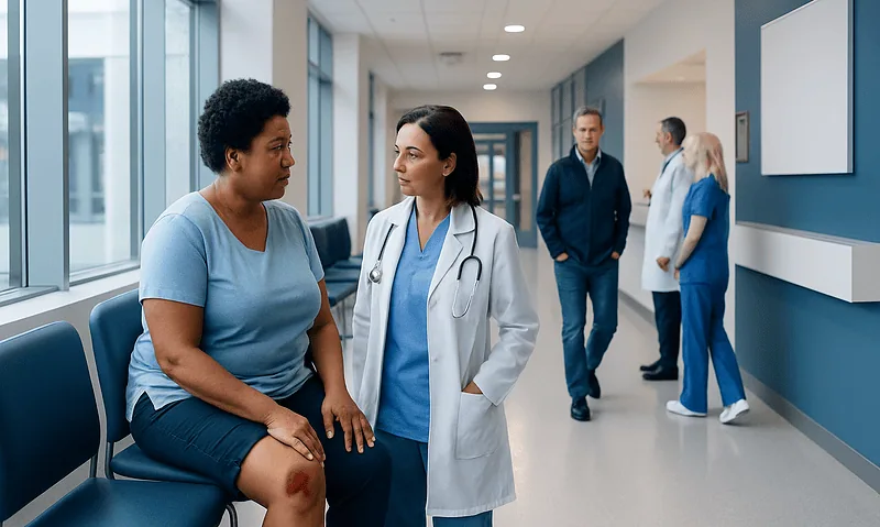 Doctor consulting a patient in a hospital corridor.