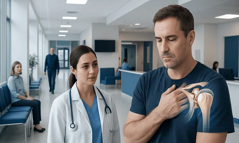Patient consults with doctor about shoulder pain at Acibadem Hospital.