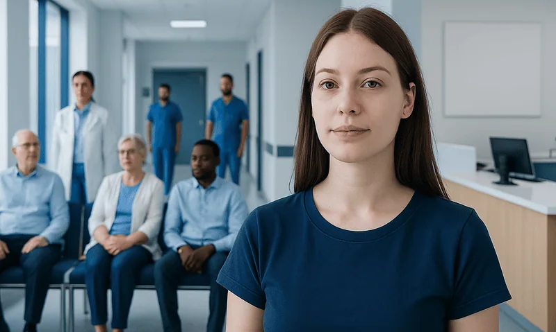 Young female nurse in a hospital with a diverse medical team in the background.