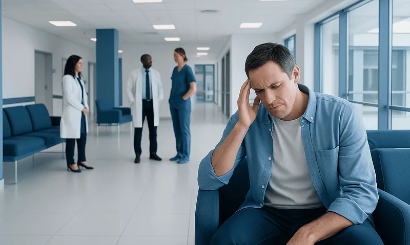 Patient experiencing headache in hospital corridor with medical staff nearby.