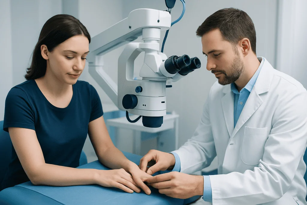 Medical professional examining patient's hand with microscope in clinic.