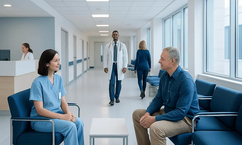 Patient and doctor having consultation in hospital corridor.