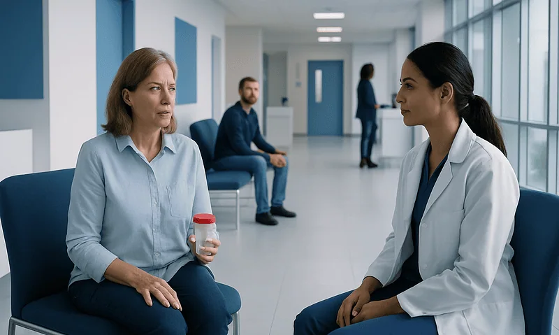 Doctor consulting with patient about stool check-up in hospital corridor.