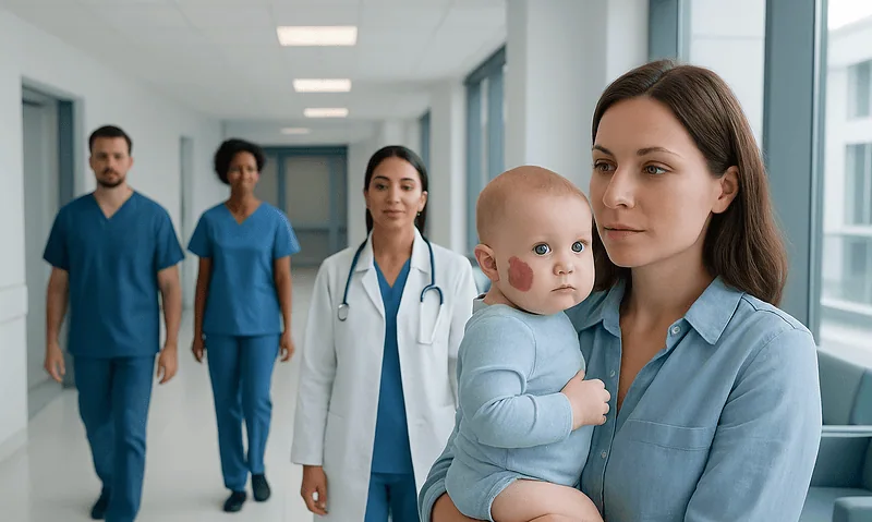 Medical team with a young patient showing a strawberry birthmark in hospital corridor.