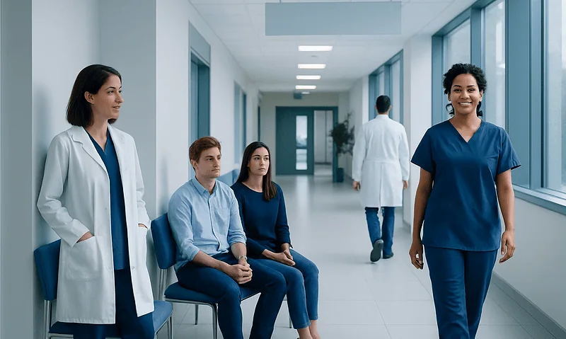 Medical professionals and patients in a hospital corridor at Acibadem Hospitals Group.