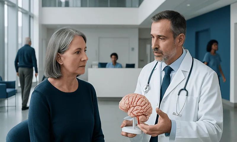 Doctor explaining brain anatomy to a patient in a hospital setting.