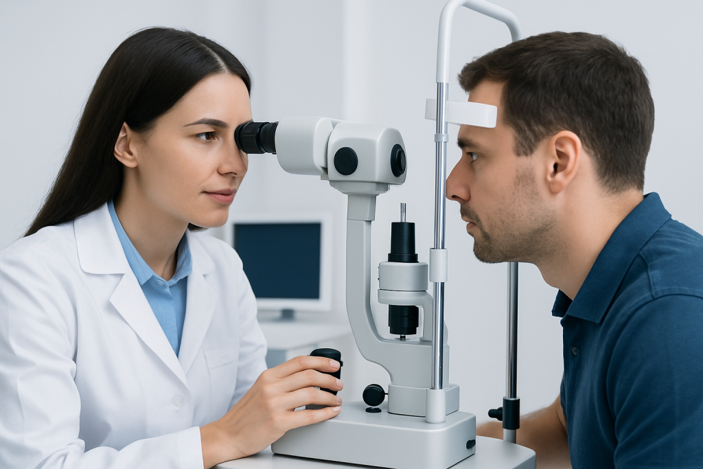 Optometrist examines patient's eye with slit lamp in clinic setting.