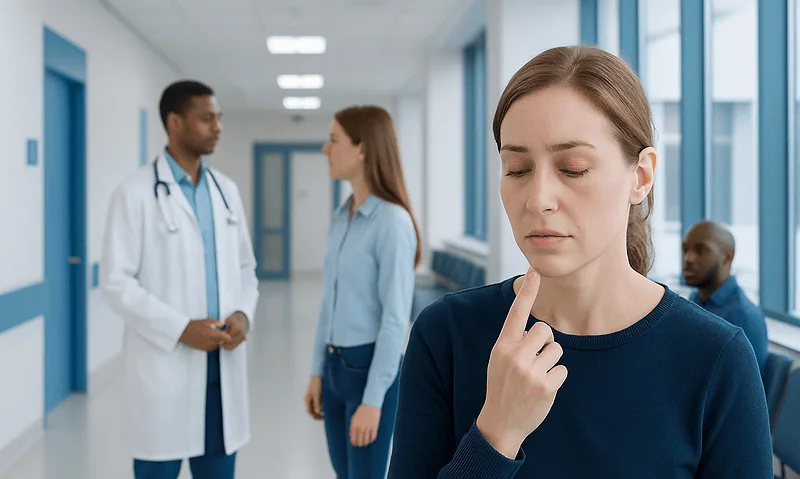 Young woman with eye discomfort in a hospital corridor.