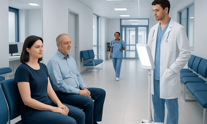Doctor explaining treatment options to patients in hospital corridor.
