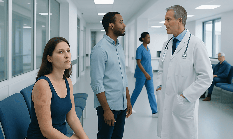 Doctor consulting with patients in a hospital corridor.