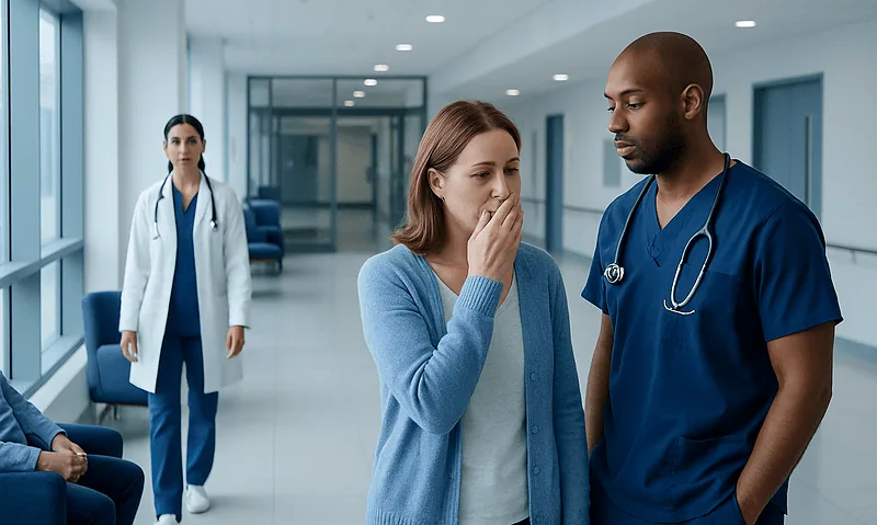 Patient distressed in hospital corridor with medical staff nearby.