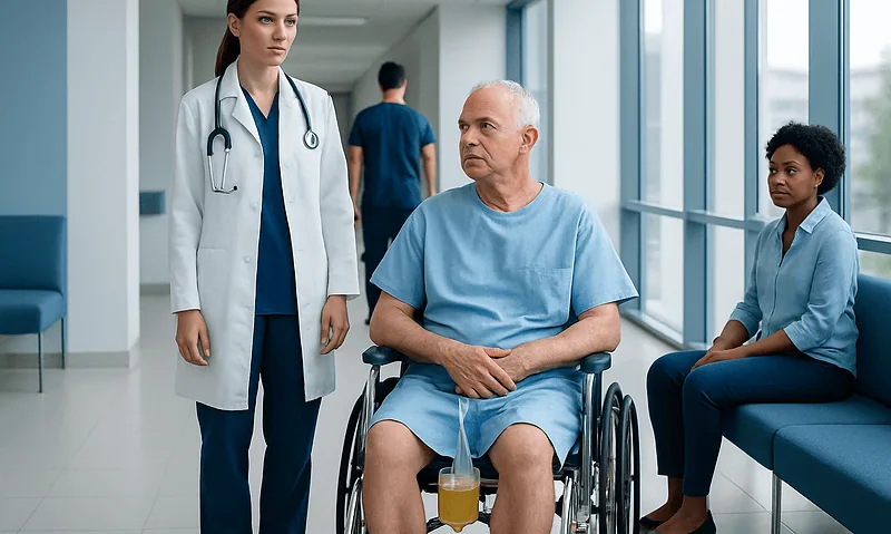 Medical team consulting with patient in hospital corridor.