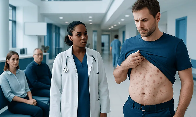 Doctor examines patient with skin rash in hospital corridor.