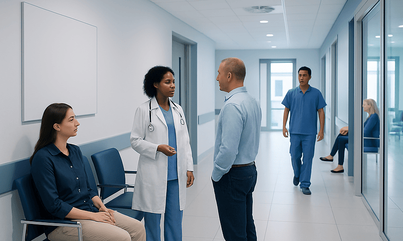 Medical consultation at Acibadem Hospital with healthcare professionals and patient.