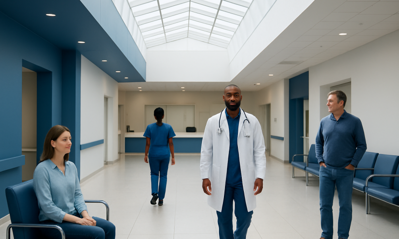 Healthcare professionals and patient in modern hospital corridor.