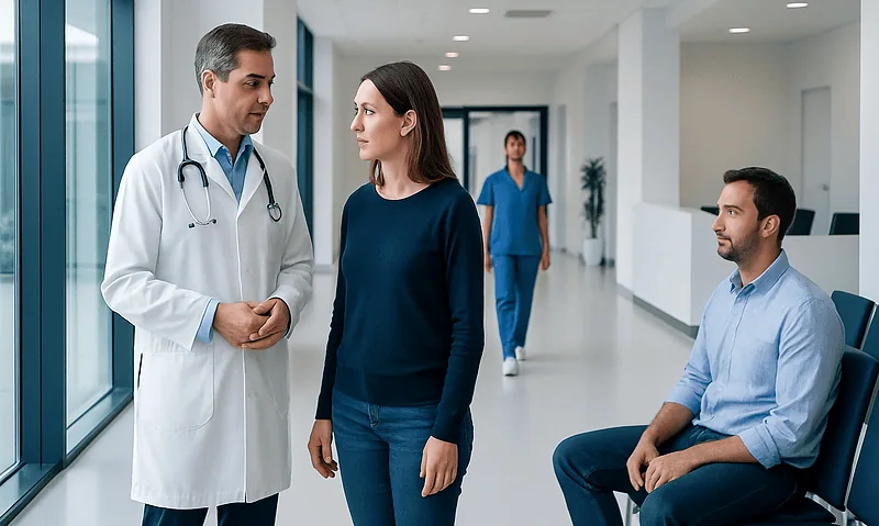 Doctor consulting female patient in hospital corridor at Acibadem Hospitals.