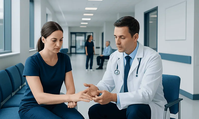 Tfcc Tear: An Evidence-Based Guide for Patients 5 Doctor examining patient's wrist in hospital corridor.