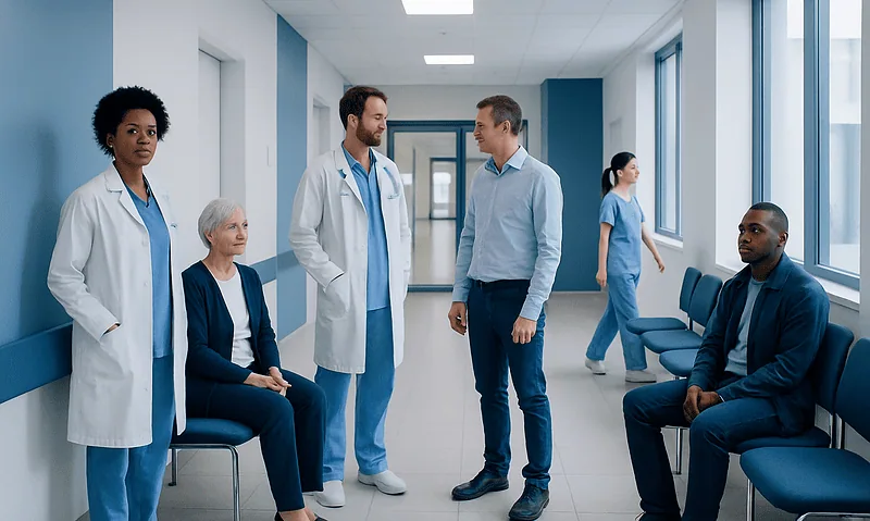 Medical team consulting with patient in hospital corridor.