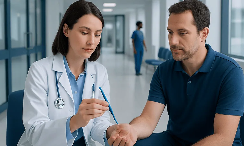 Doctor examining patient's wrist in hospital corridor.