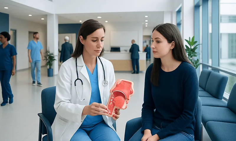 Doctor explaining tonsil anatomy to patient in hospital waiting area.