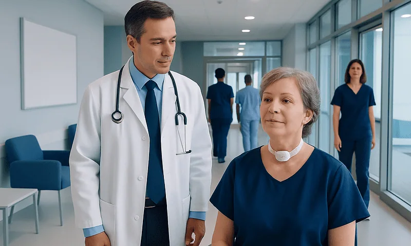 Doctor consulting with elderly patient in hospital corridor.