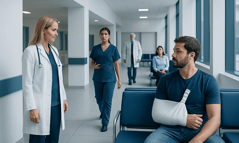 Patient with arm injury consulting healthcare professionals in hospital corridor.