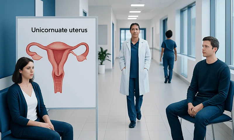 Medical professionals discussing unicornuate uterus in hospital corridor.