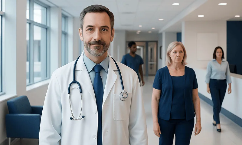 Urogynecologist in hospital corridor with patients and staff.