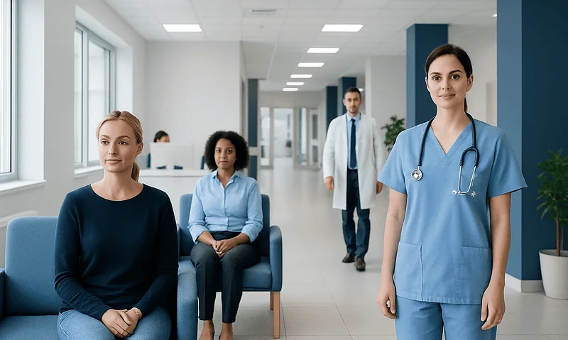 Medical staff and patients in a modern hospital corridor.