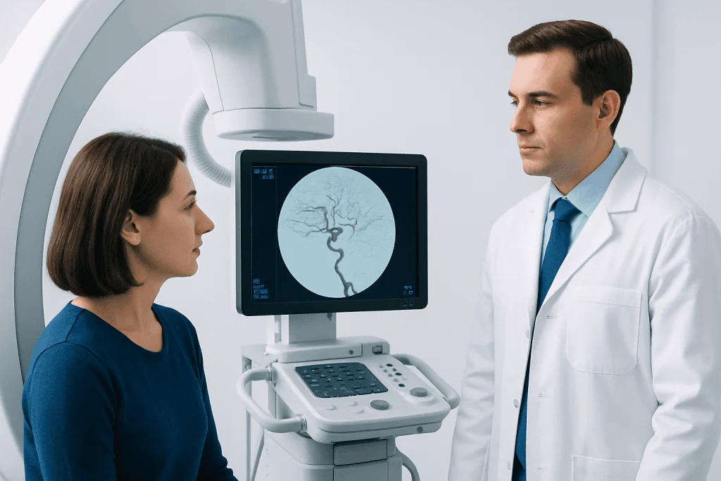 Neurologist explains brain scan results to patient in hospital.