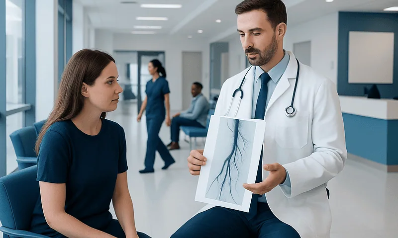 Doctor explaining venogram results to a patient in a hospital corridor.
