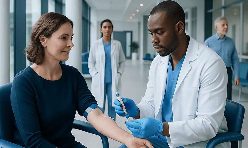 Vitamin d blood test: A Complete Medical Guide for Patients 4 Doctor drawing blood from a patient in a hospital setting.