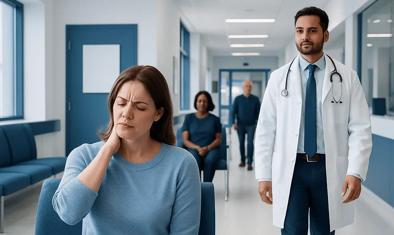 Patient experiencing neck pain in hospital corridor with medical staff nearby.