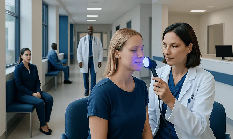 Doctor examines patient's skin under Woods Lamp in clinic setting.