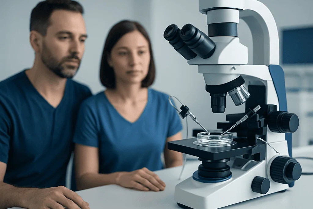 Scientists examining a sample under a microscope in a laboratory setting.