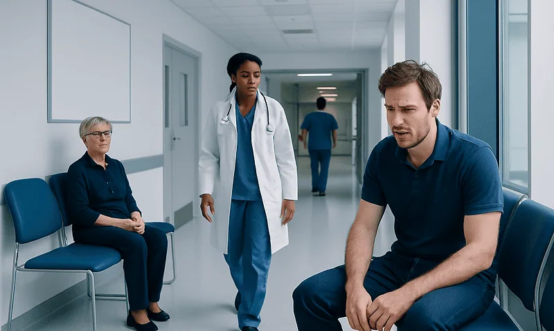 Patient experiencing agitation in a hospital corridor with medical staff nearby.