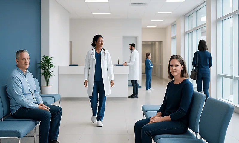Patients waiting in a modern hospital lobby with medical staff nearby.