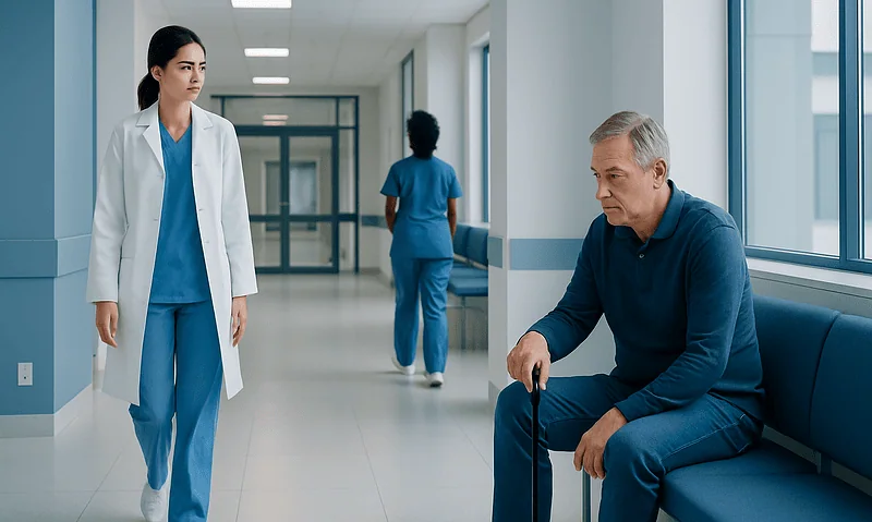 Doctor and elderly patient in hospital corridor with nurse in background.