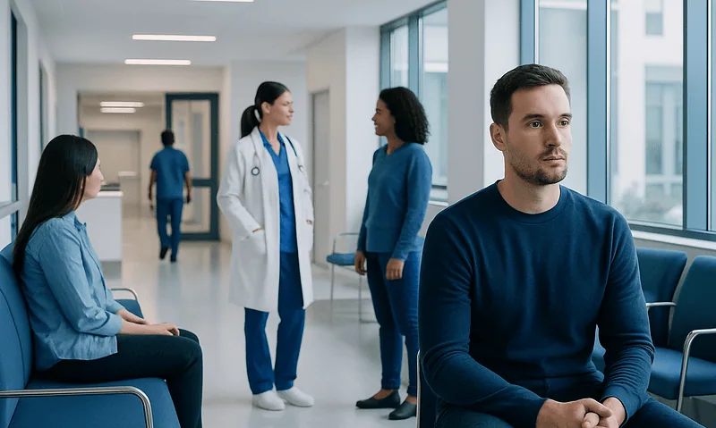 Patients and healthcare professionals in a hospital corridor.