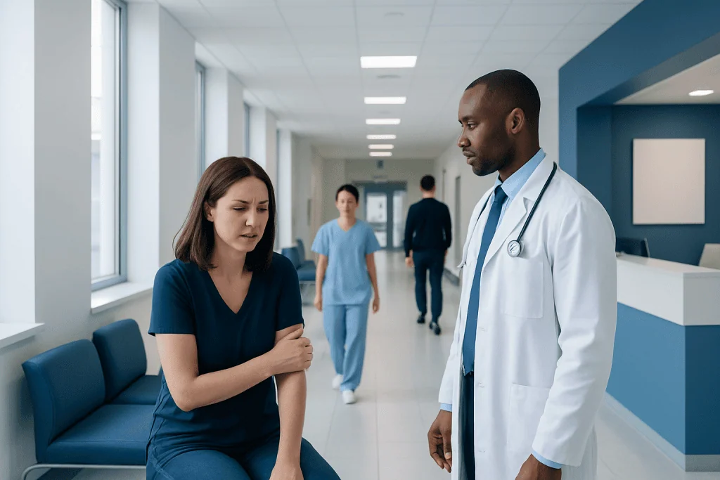 Allodynia: What Patients Need to Know 1 Patient consulting with doctor in hospital corridor.