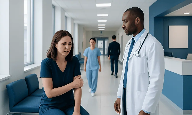 Allodynia: What Patients Need to Know 11 Patient consulting with doctor in hospital corridor.