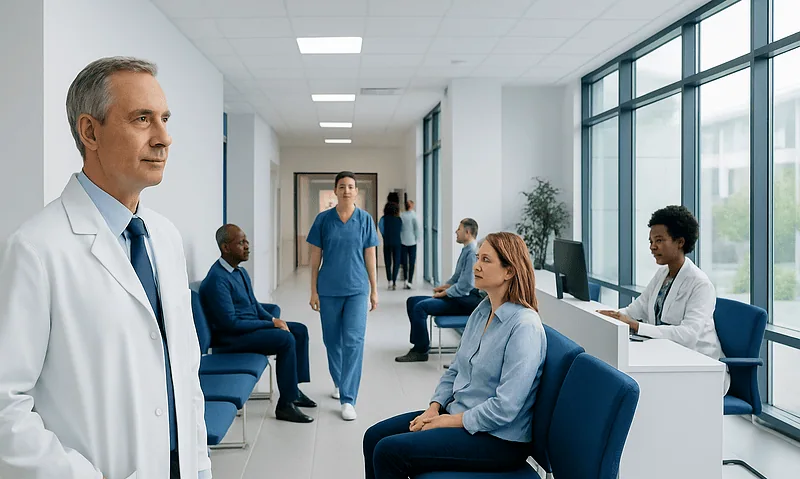Medical professionals and patients in a modern hospital waiting area.