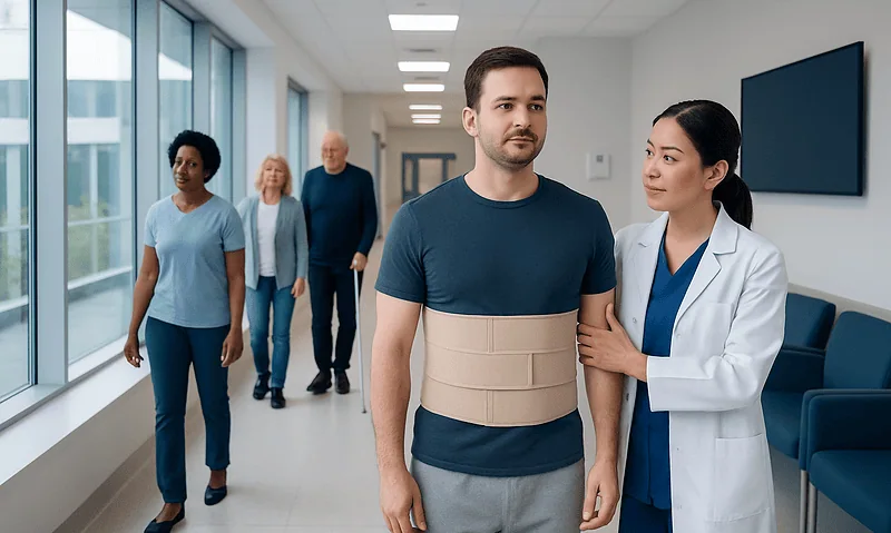 Patient with abdominal binder in a hospital corridor with medical staff and visitors.