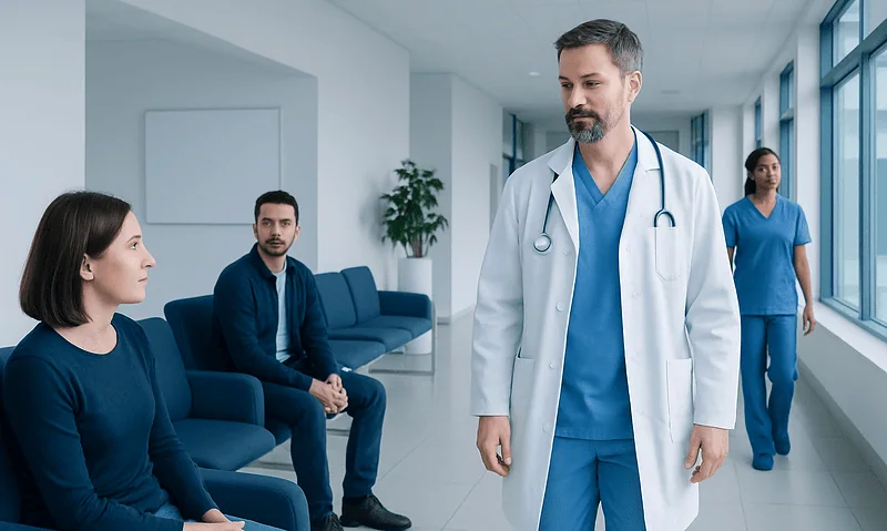 Doctor consulting with patients in a hospital corridor.