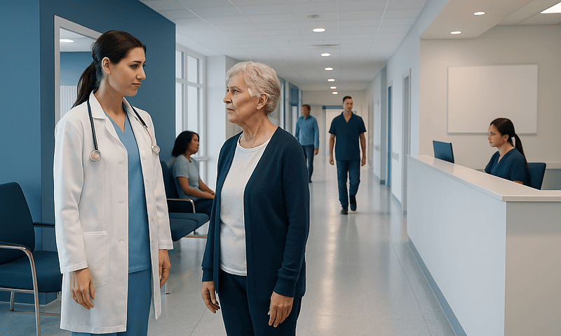 Doctor consulting an elderly patient in a modern hospital corridor.