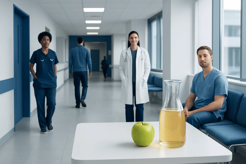 Apple Cider Vinegar Detox: A Complete Medical Overview 1 Healthcare professionals in a hospital corridor with a healthy apple and juice on a table.